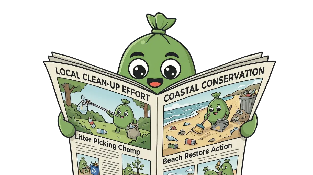 TrashTrek Mascot reading news