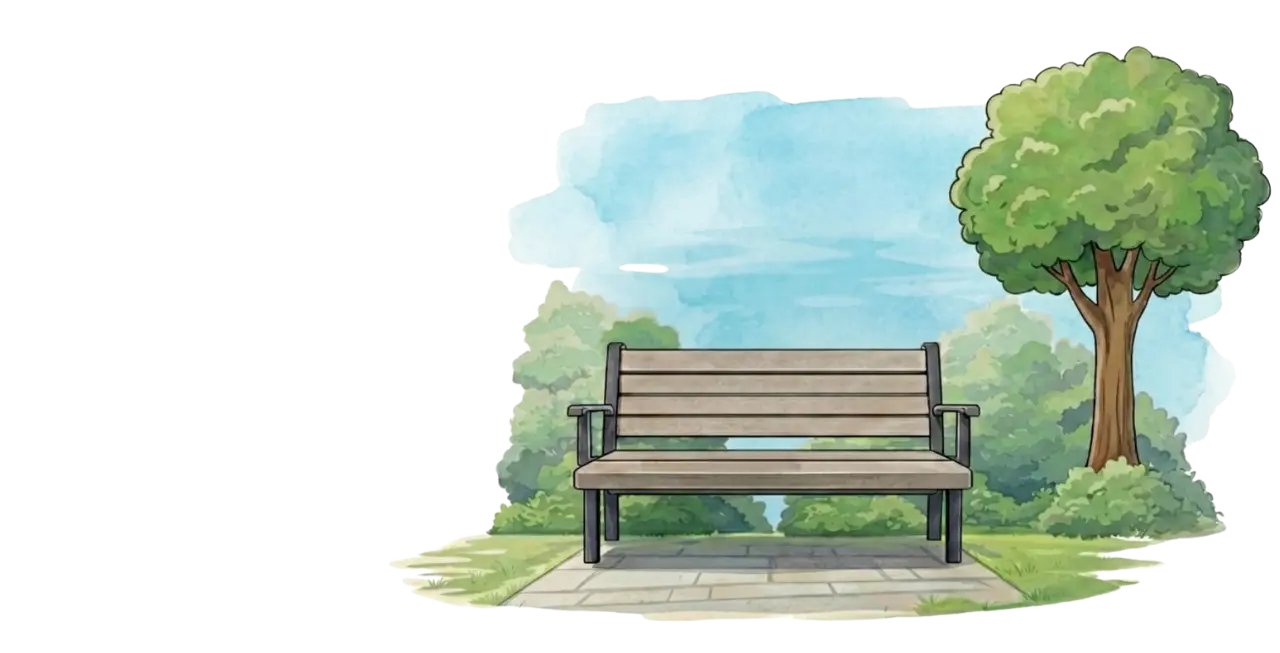 TrashTrek Mascot sitting on a bench in a clean environment